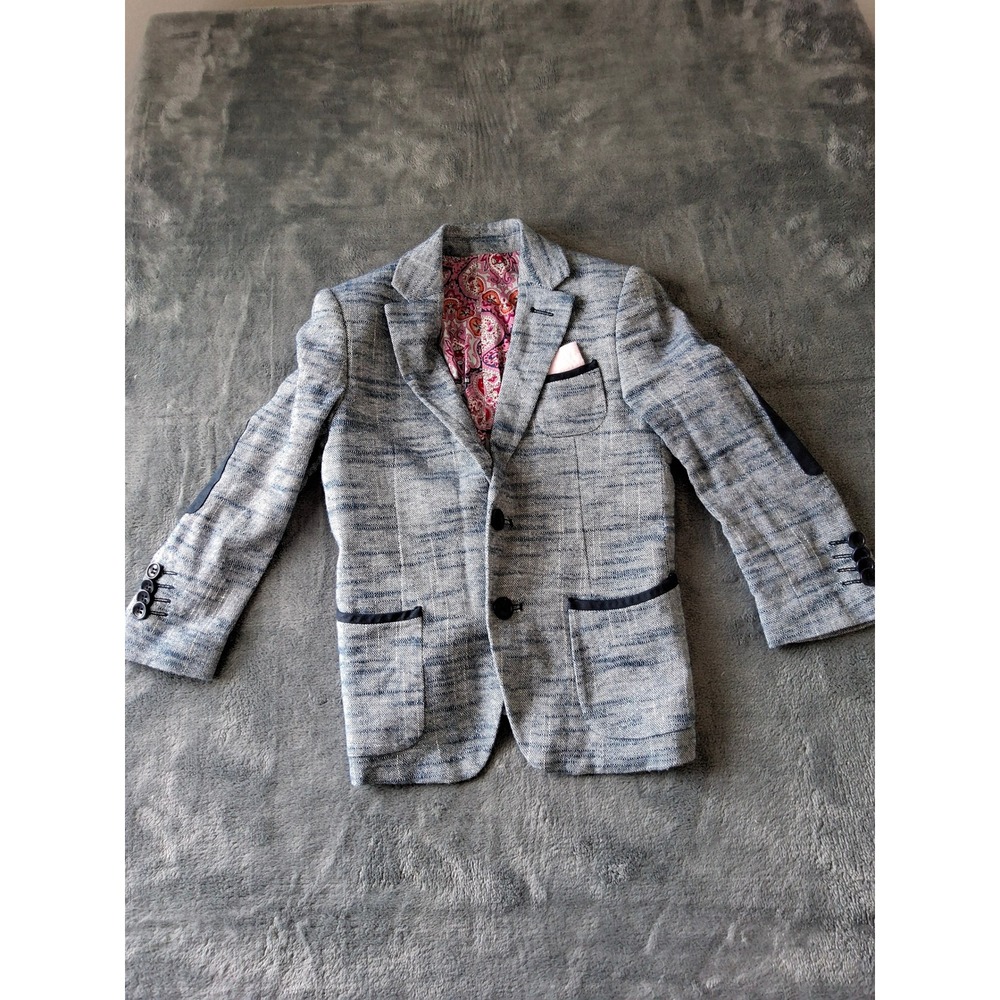 Isaac Mizrahi Boys Blazer Size 4 Blue Space Dye Textured Suit Jacket Elbow Patch